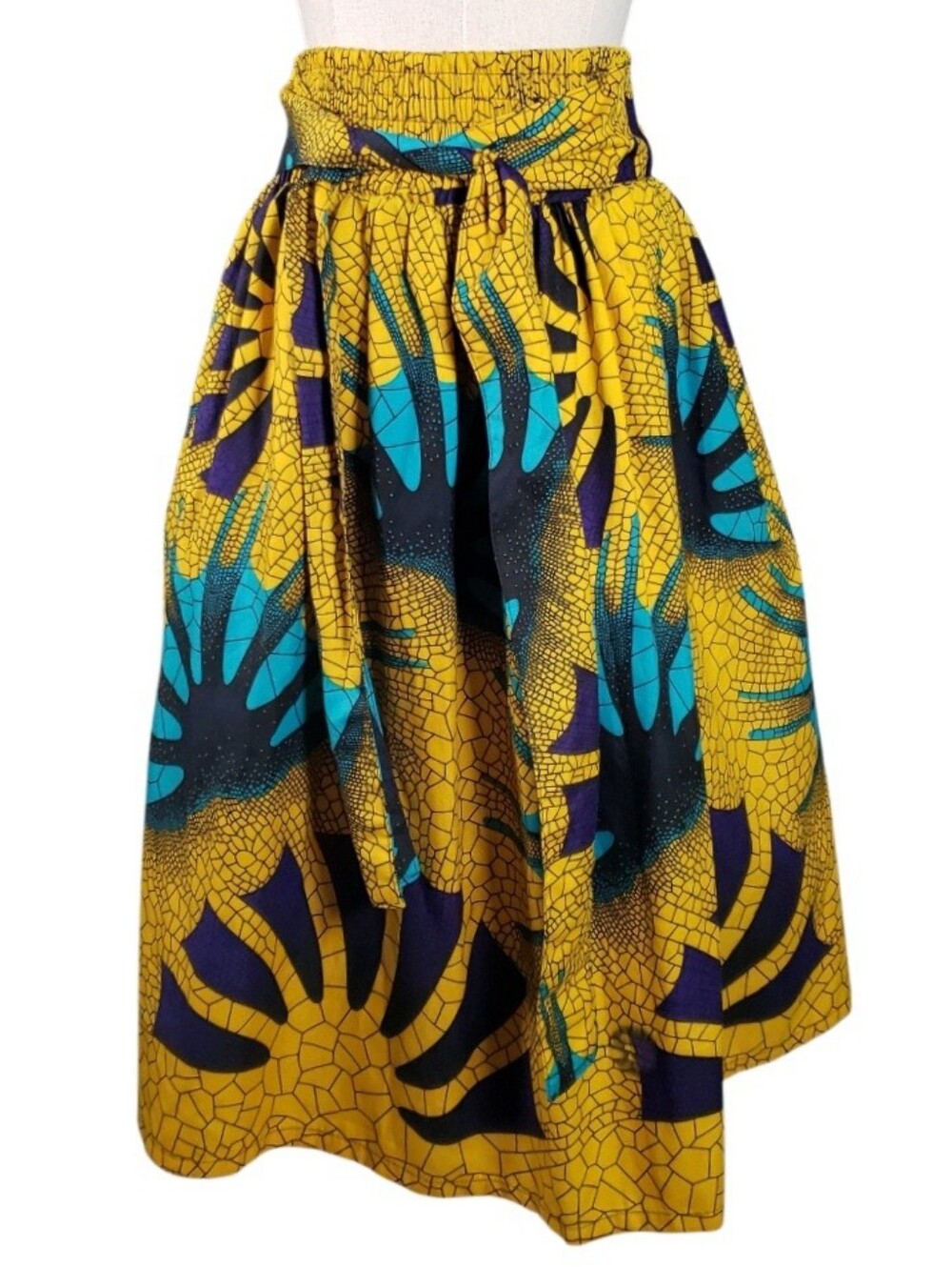 Ankara Wax Print African Midi Skirt L Self Tie Pockets Bold Primative Abstract